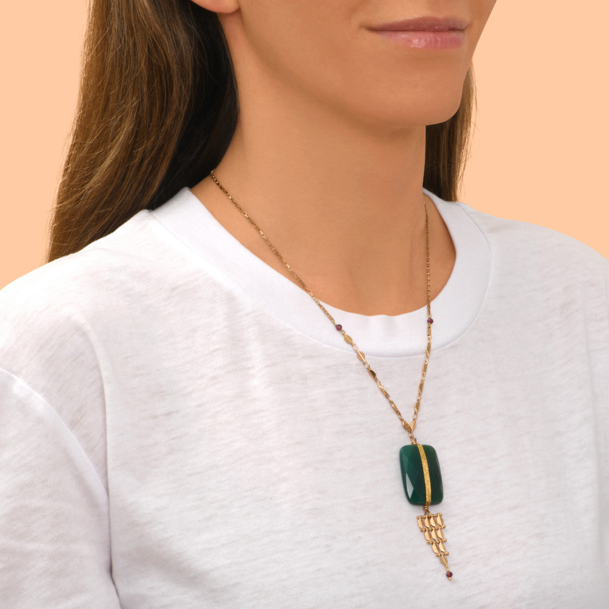 Collier pendentif réglable Babylone agate verte et maille bijou - vert Agate verte