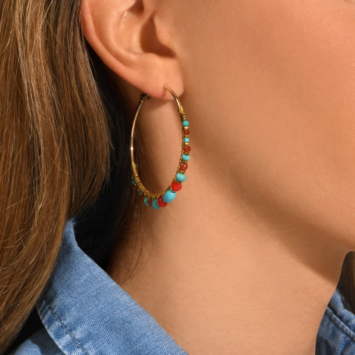 Grandes créoles Iancura pierres gemmes - turquoise et cornaline Turquoise cornaline