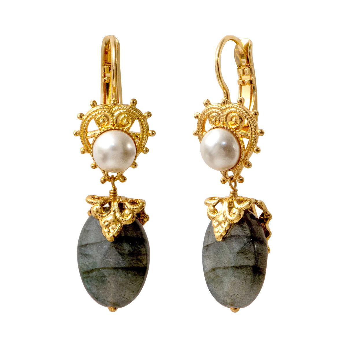 Boucles d'oreilles dormeuses Positano cabochon nacré labradorite - gris Nacre grise