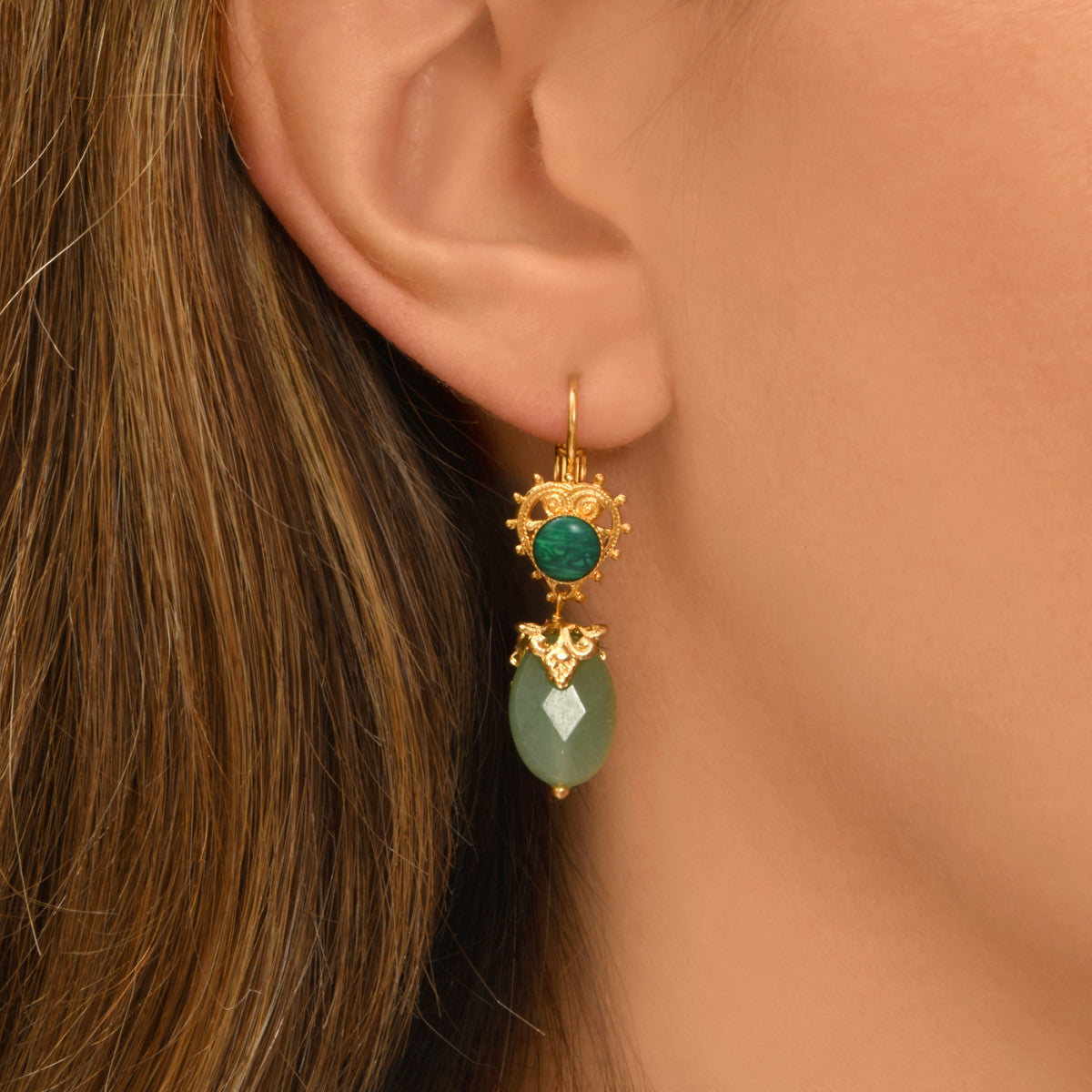 Boucles d'oreilles dormeuses Positano aventurine et cabochon - vert Vert