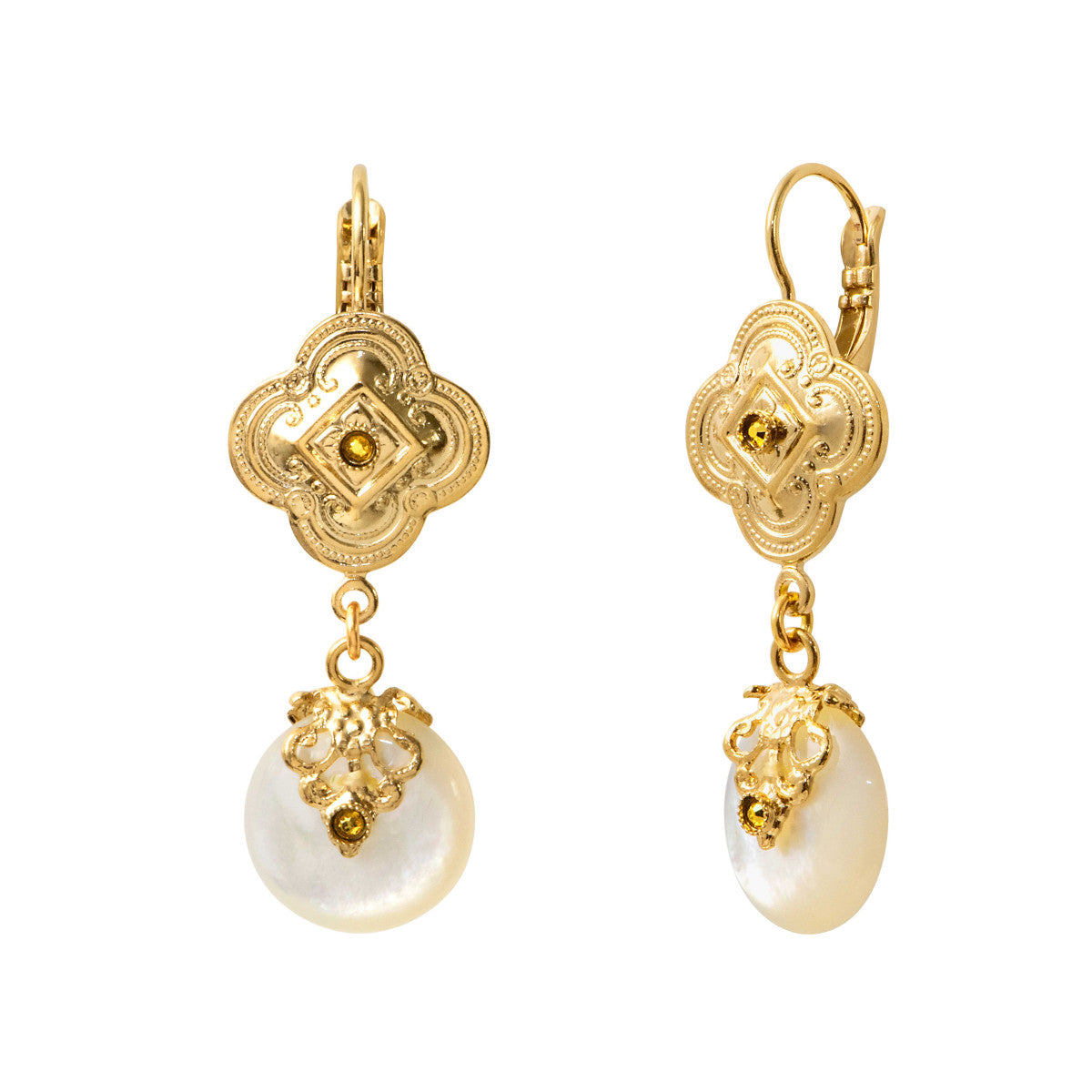 Boucles d'oreilles dormeuses Positano nacre blanche et cristaux - blanc Nacre blanche
