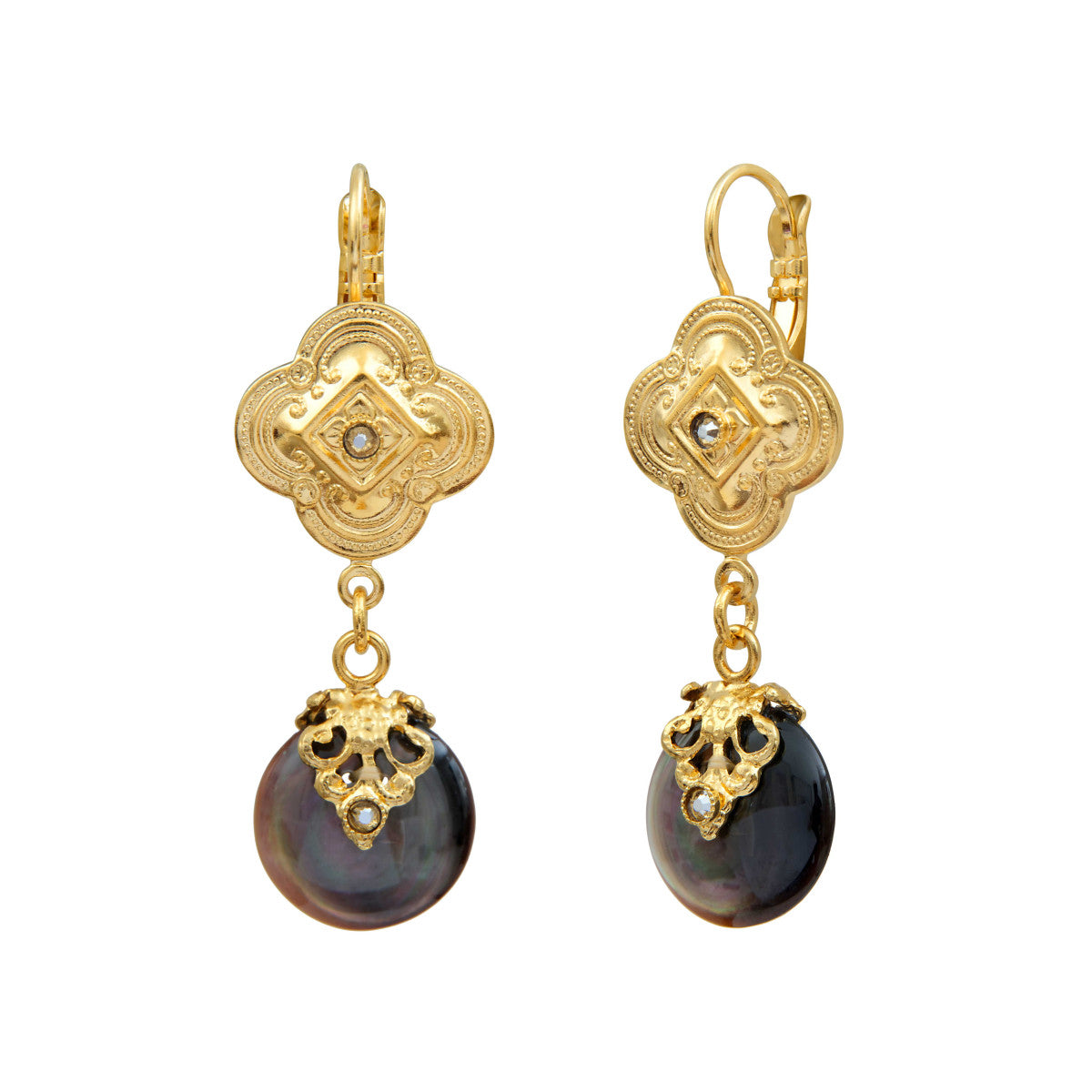 Boucles d'oreilles dormeuses Positano nacre grise teintée et cristaux - gris Nacre grise