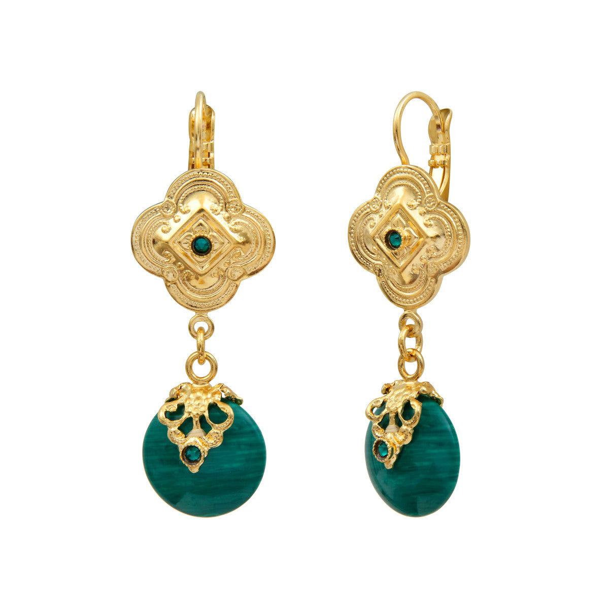 Boucles d'oreilles dormeuses Positano pierre effet malachite et cristaux - vert Vert
