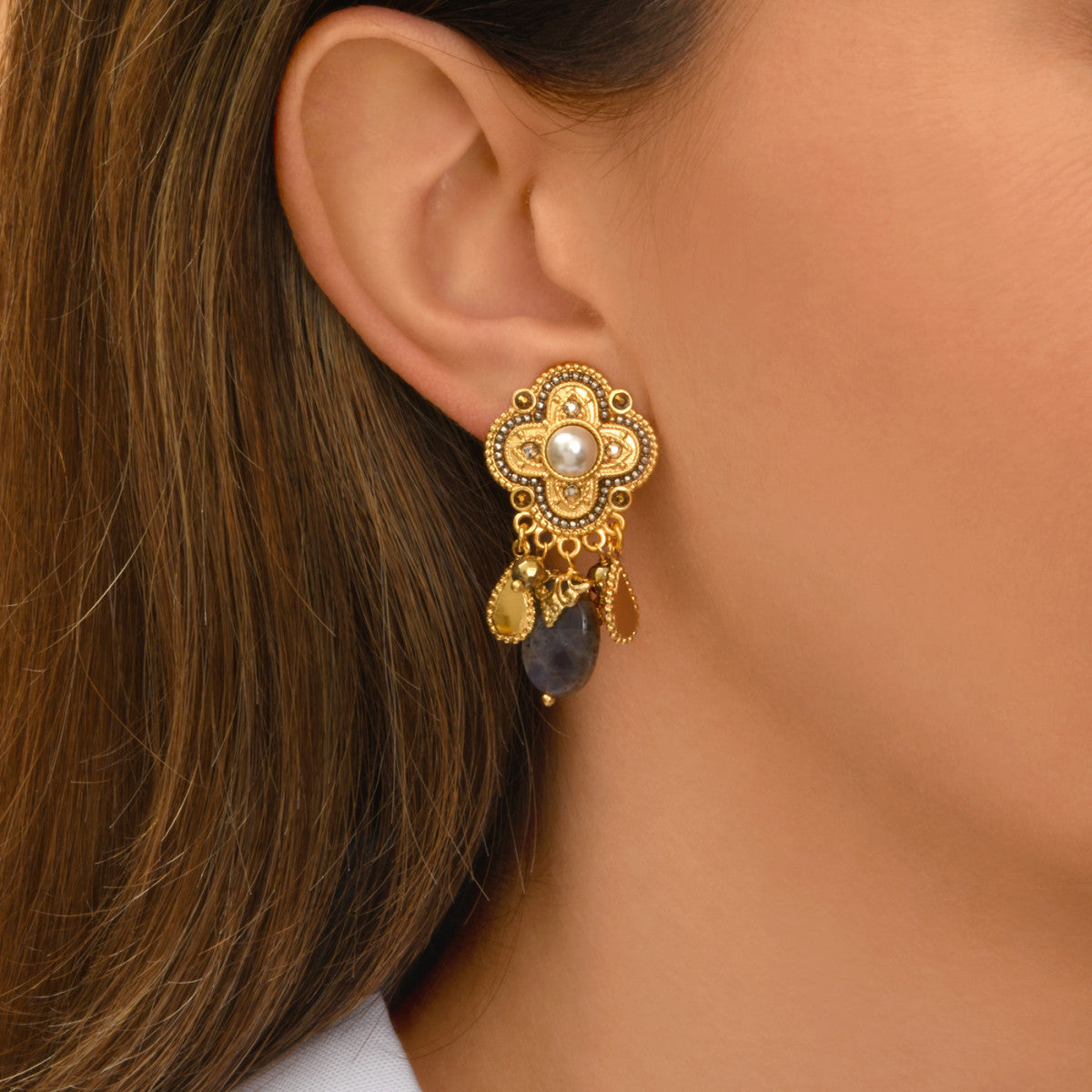 Boucles d'oreilles clips Positano labradorite et cabochon nacré - gris Nacre grise