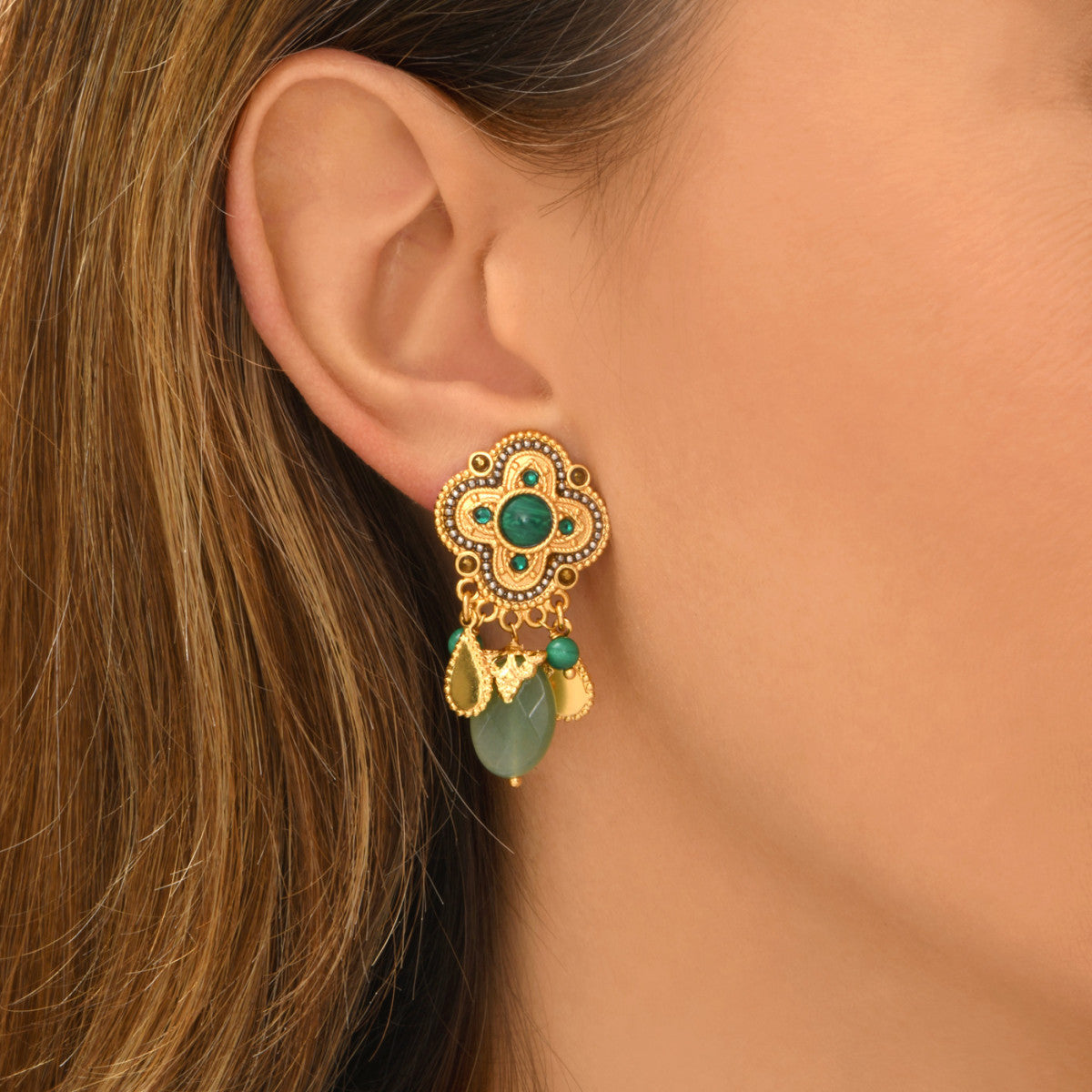 Boucles d'oreilles clips Positano pierre et cabochon nacré - vert Vert