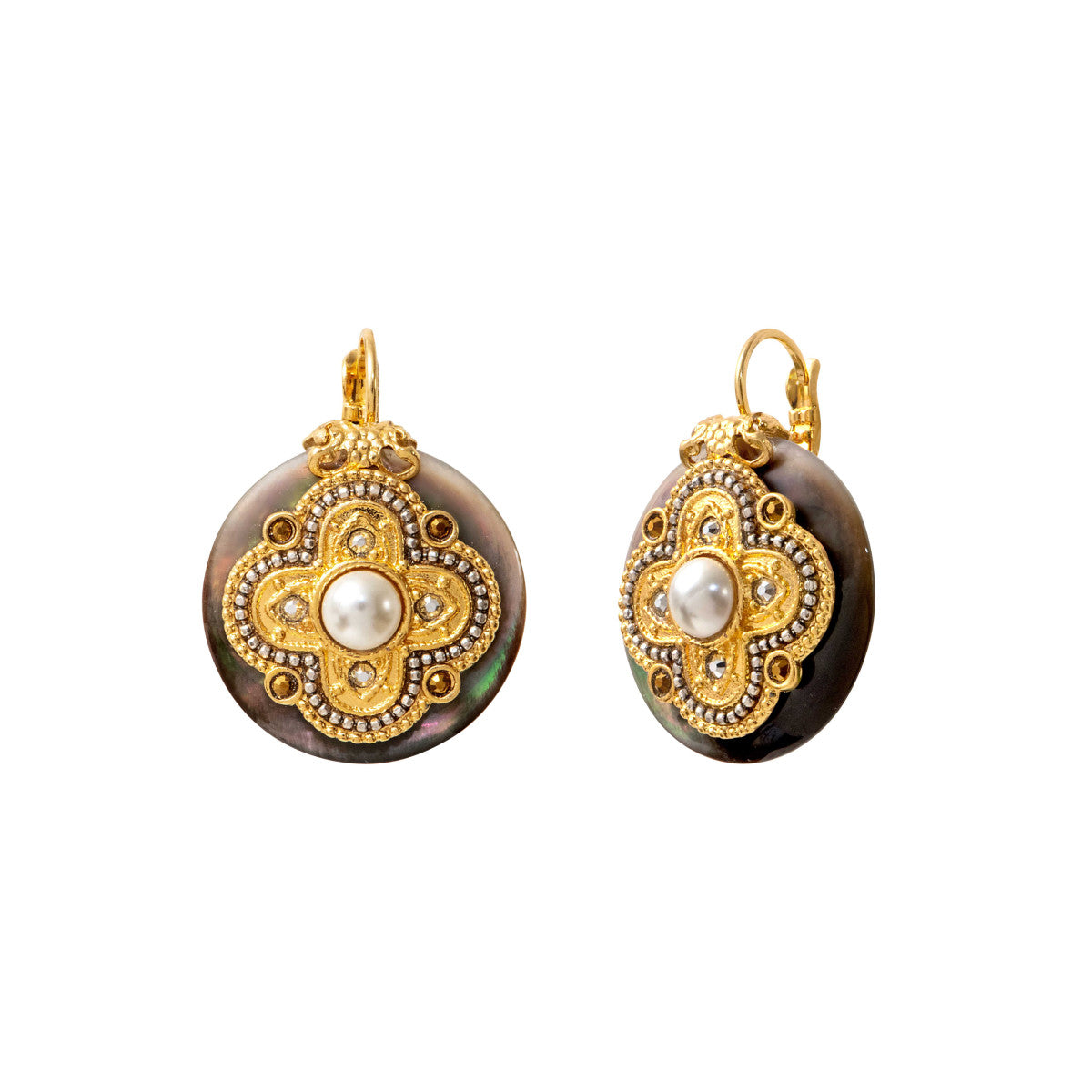 Boucles d'oreilles dormeuses Positano nacre grise et cabochon nacré - gris Nacre grise