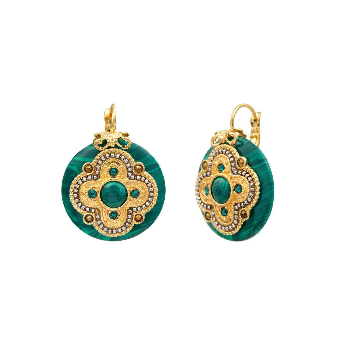 Boucles d'oreilles dormeuses Positano pierre façon malachite et cristaux - vert Vert