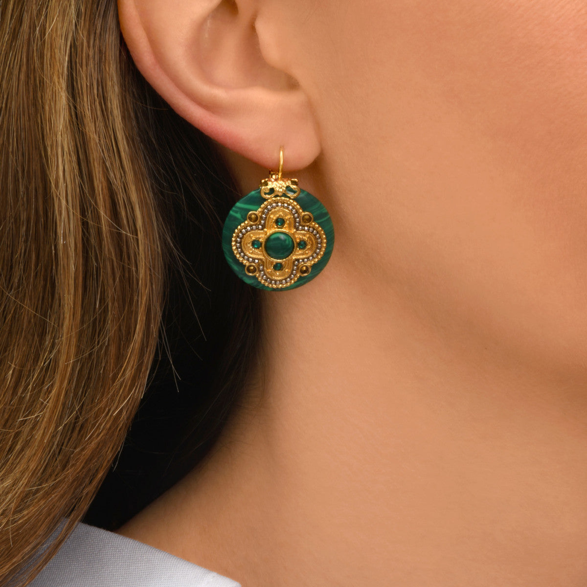 Boucles d'oreilles dormeuses Positano pierre façon malachite et cristaux - vert Vert
