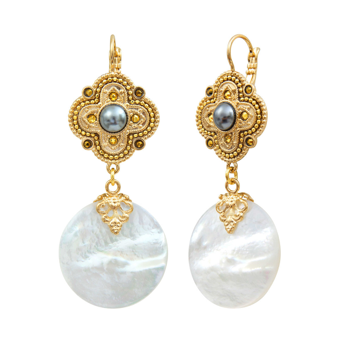 Boucles d'oreilles dormeuses pendantes Positano nacre et cabochon nacré - blanc Nacre blanche