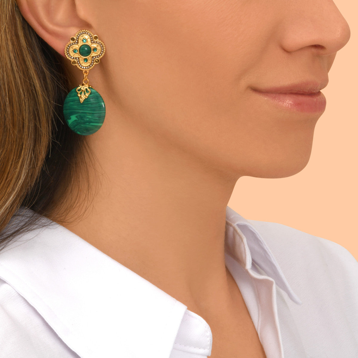 Boucles d'oreilles clips pendantes Positano pierre effet malachite - vert Vert