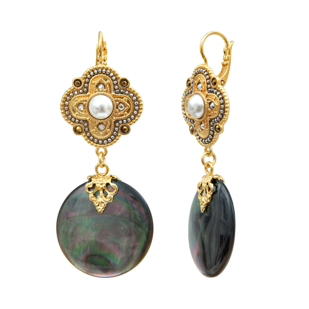 Boucles d'oreilles dormeuses pendantes Positano nacre et cabochon nacré - gris Nacre grise