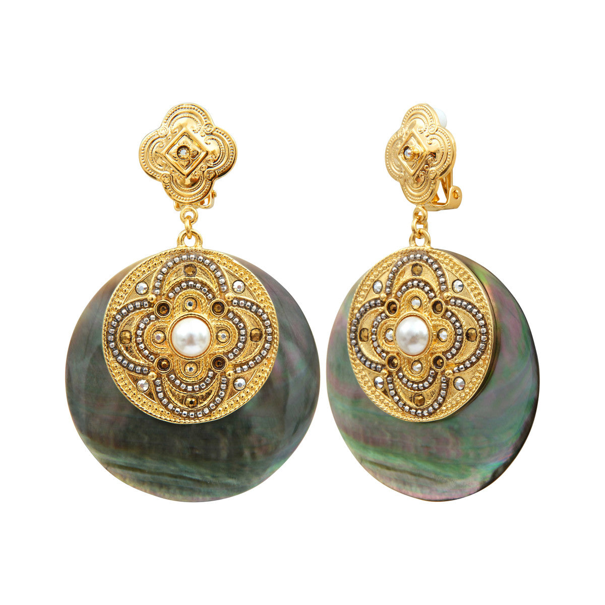 Boucles d'oreilles clips Positano nacre cristaux et cabochon nacré - gris Nacre grise