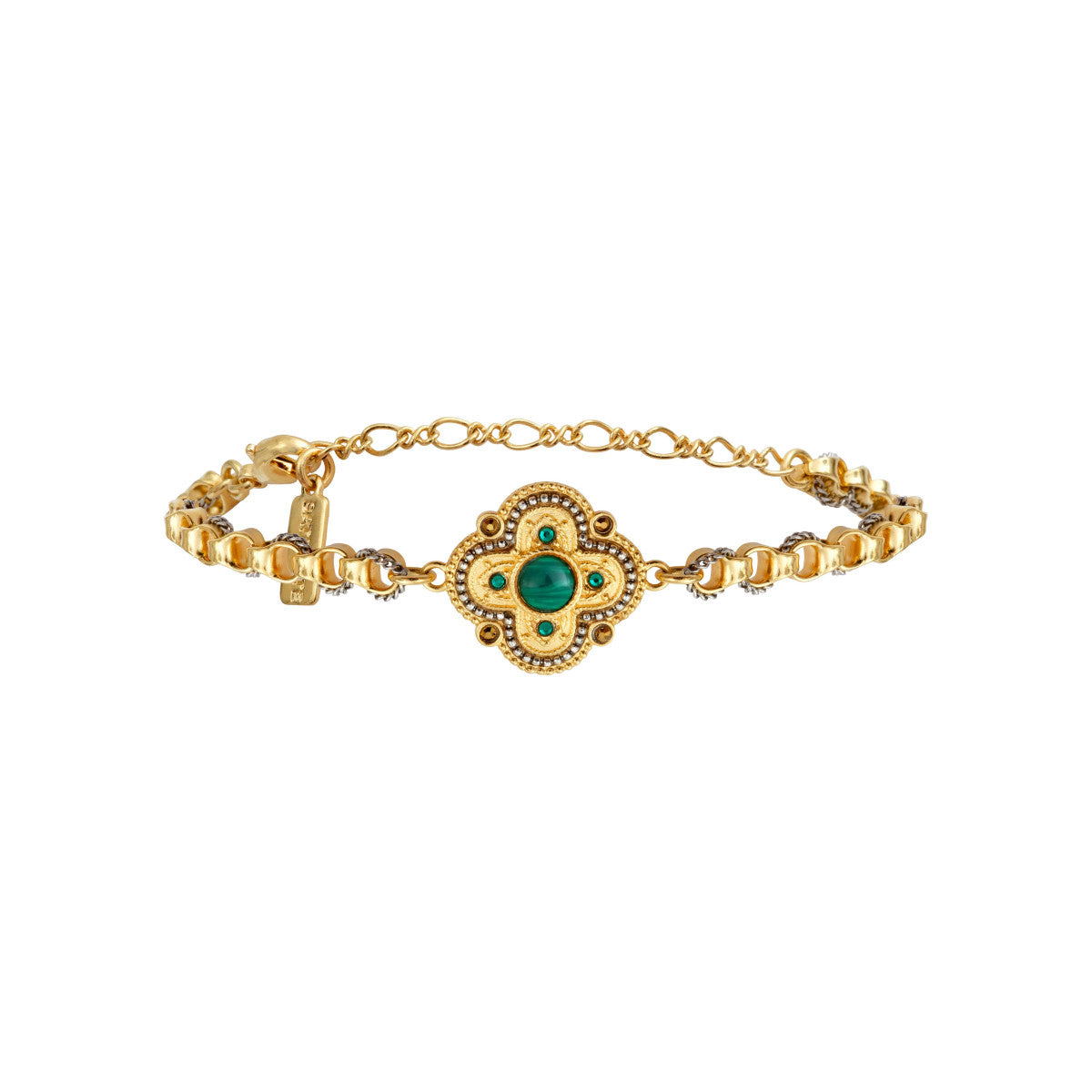 Bracelet chaîne réglable Positano pierre effet malachite et cristaux - vert Vert