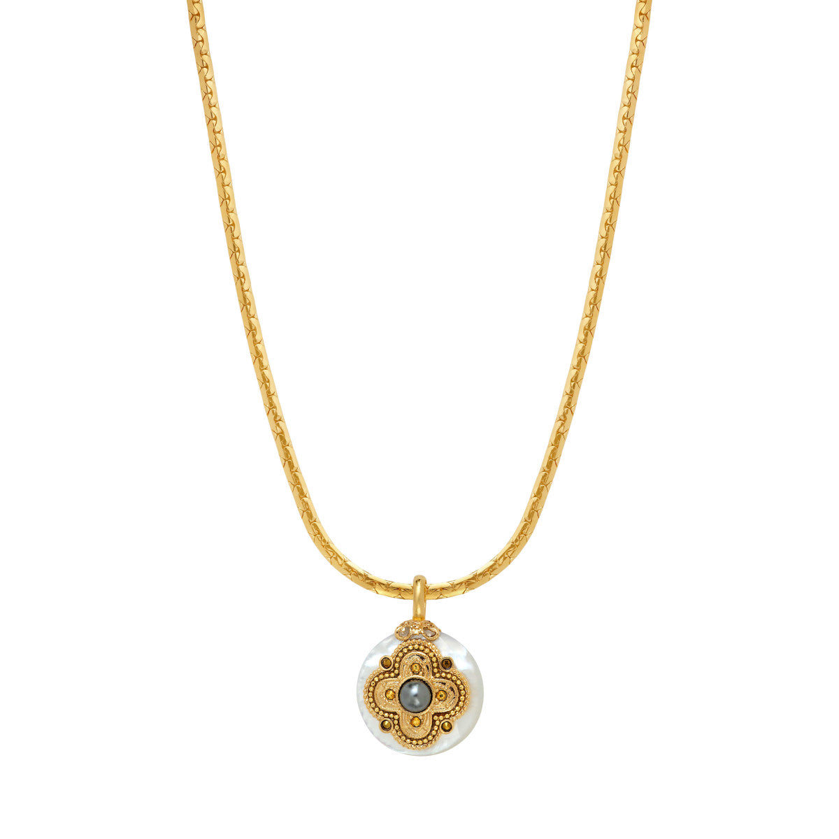 Collier pendentif Positano maille haricot et médaille en nacre - blanc Nacre blanche