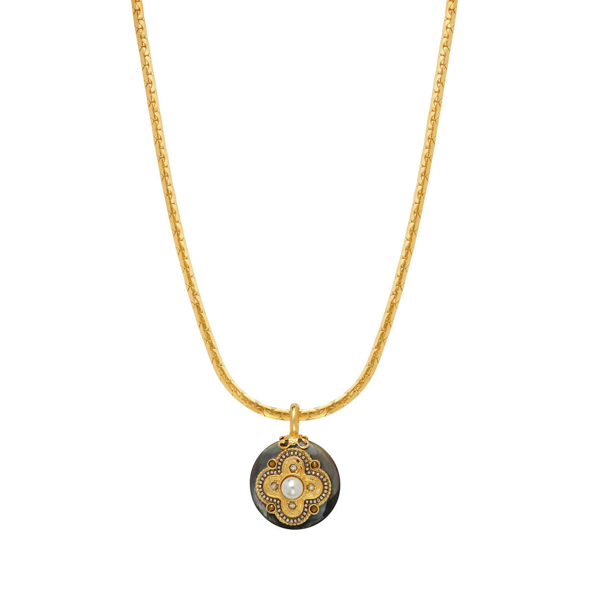 Collier pendentif Positano maille haricot et médaille en nacre - gris Nacre grise
