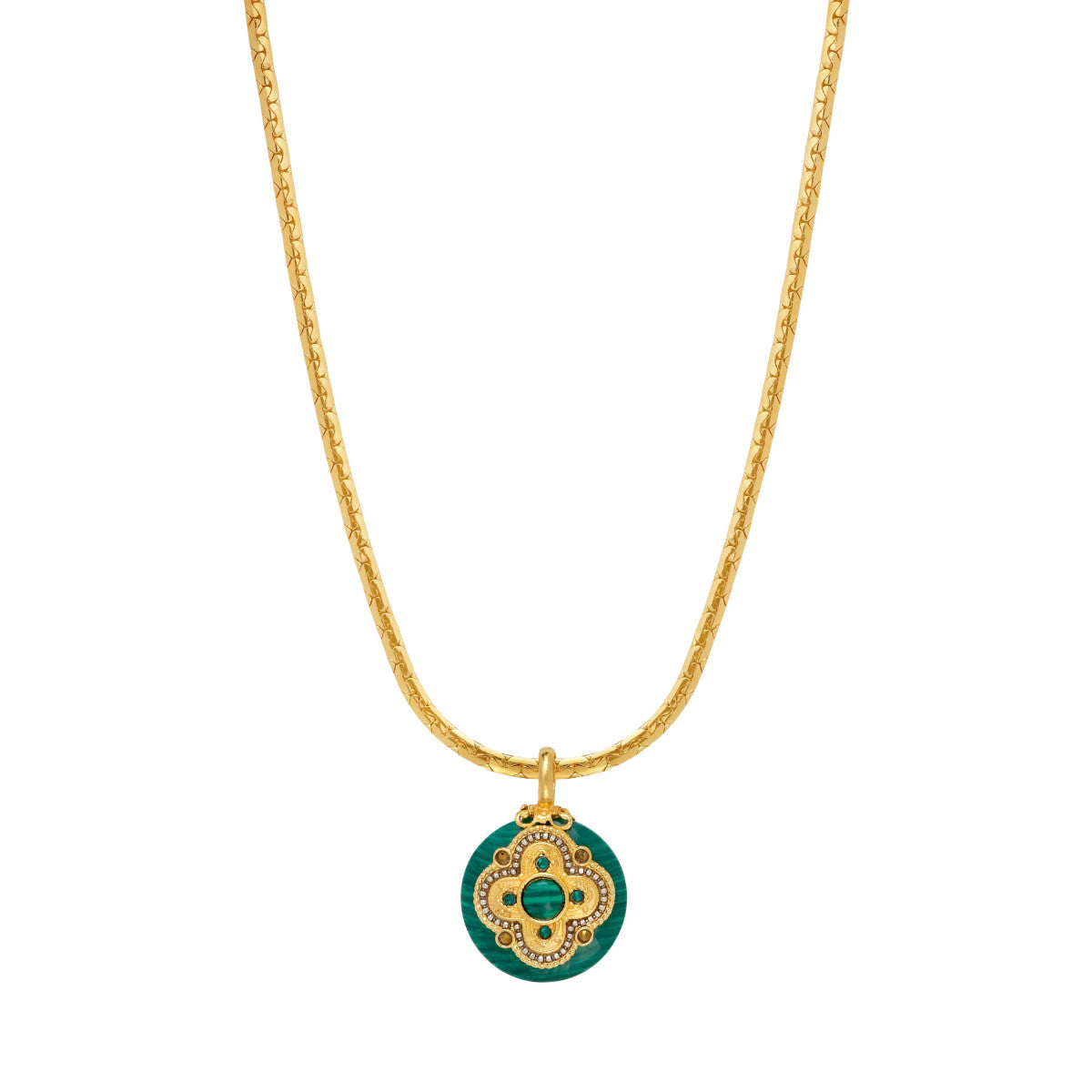 Collier pendentif Positano maille haricot et médaille façon malachite - vert Vert