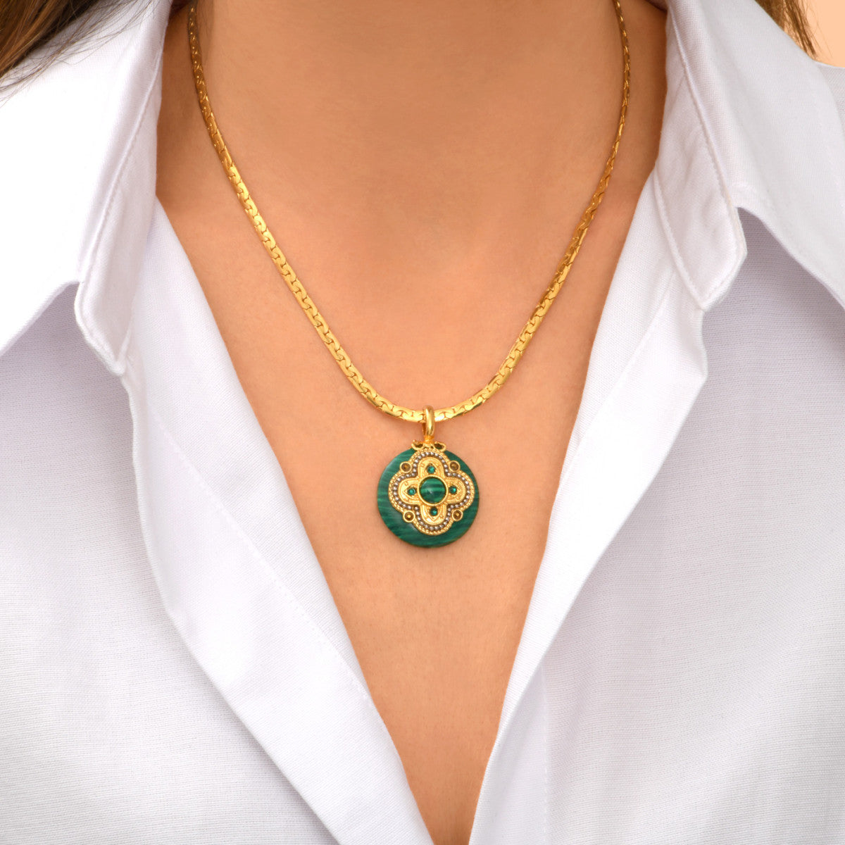 Collier pendentif Positano maille haricot et médaille façon malachite - vert Vert