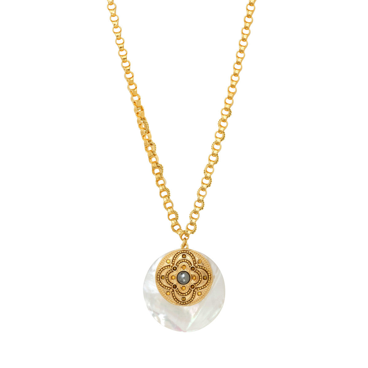 Collier chaîne Positano maille bijou médaille nacre et cabochon nacré - blanc Nacre blanche