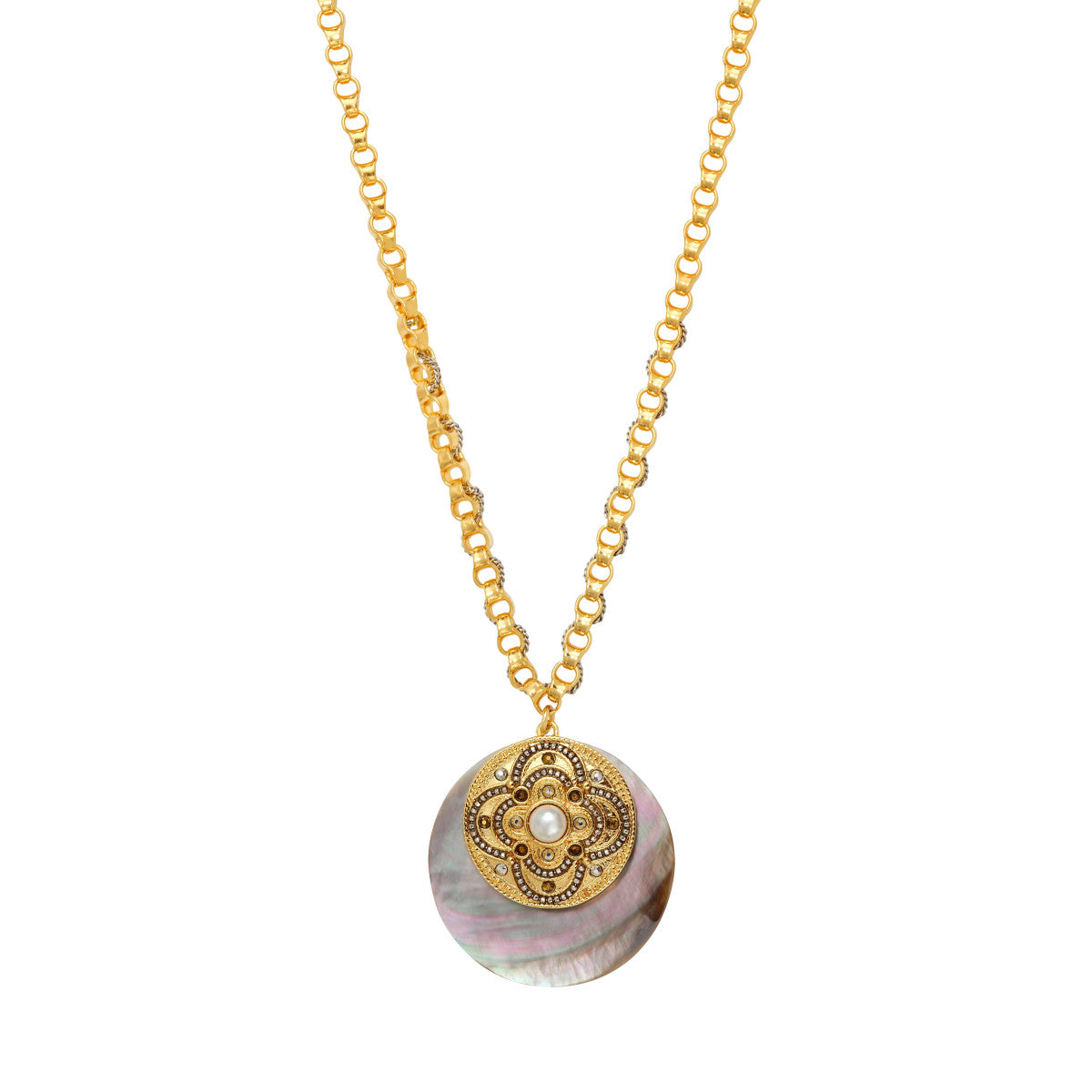 Collier chaîne Positano maille bijou médaille nacre et cabochon nacré - gris Nacre grise
