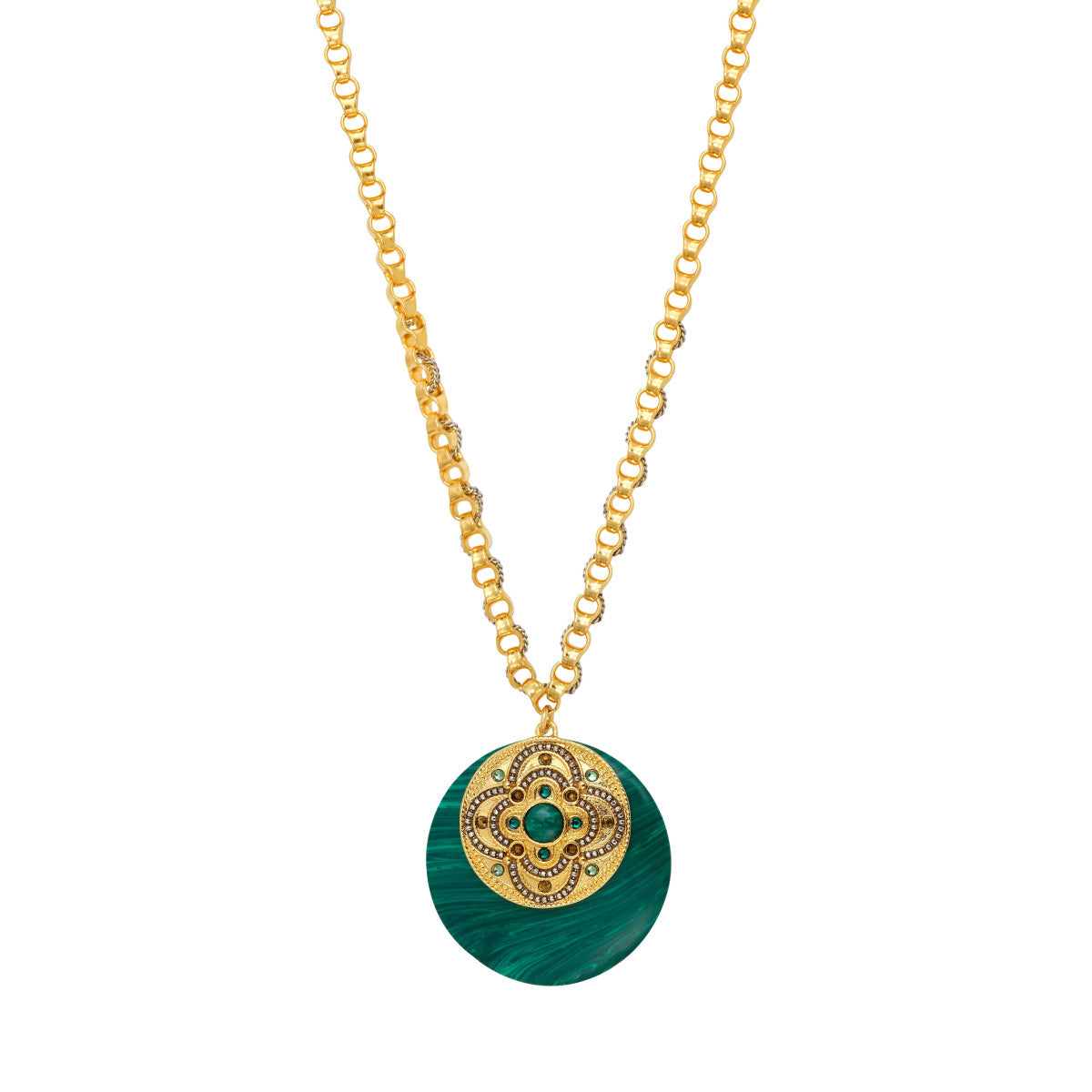 Collier chaîne Positano maille bijou médaille en pierre façon malachite - vert Vert