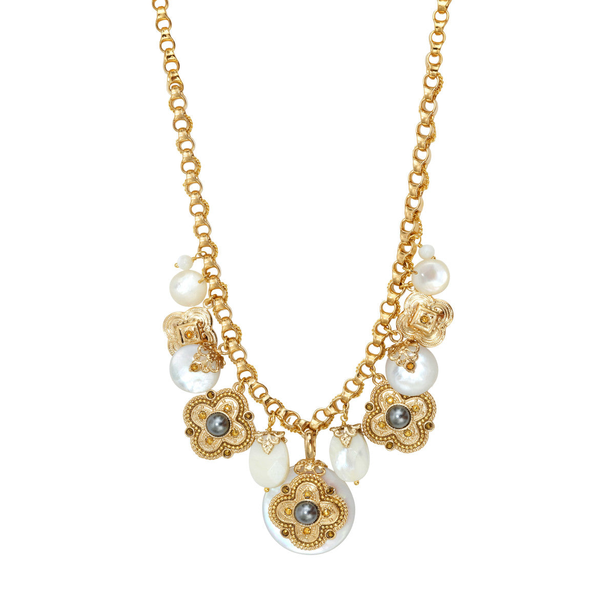 Collier chaîne Positano médailles charm's en nacre et cabochons nacrés - blanc Nacre blanche