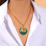 Collier chaîne Positano maille bijou médaille en pierre façon malachite - vert Vert