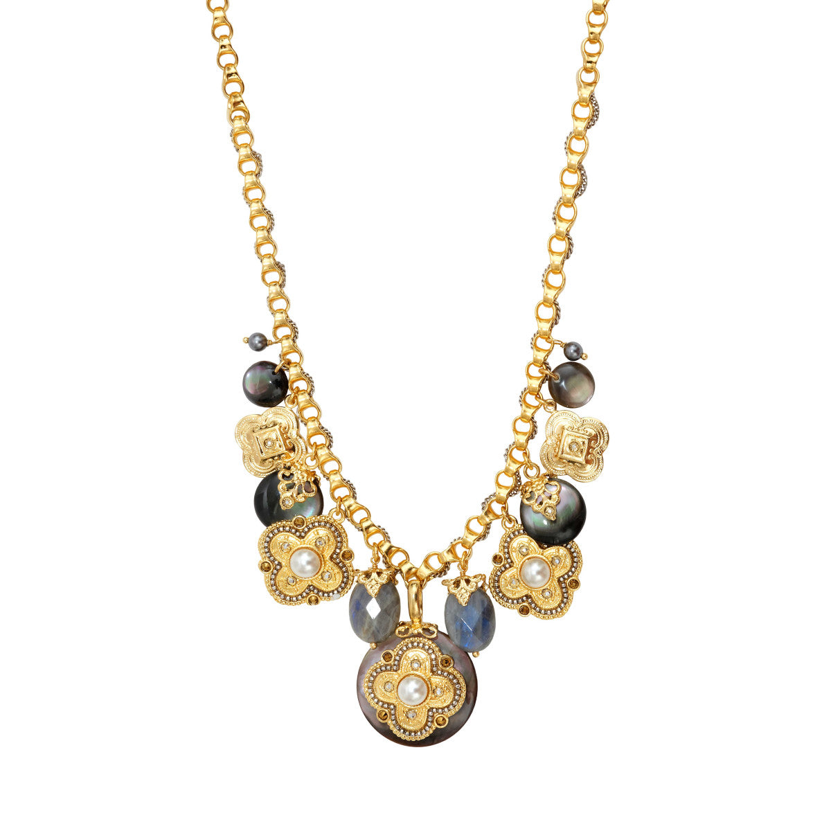 Collier chaîne Positano médailles charm's en nacre grise et labradorite - gris Nacre grise