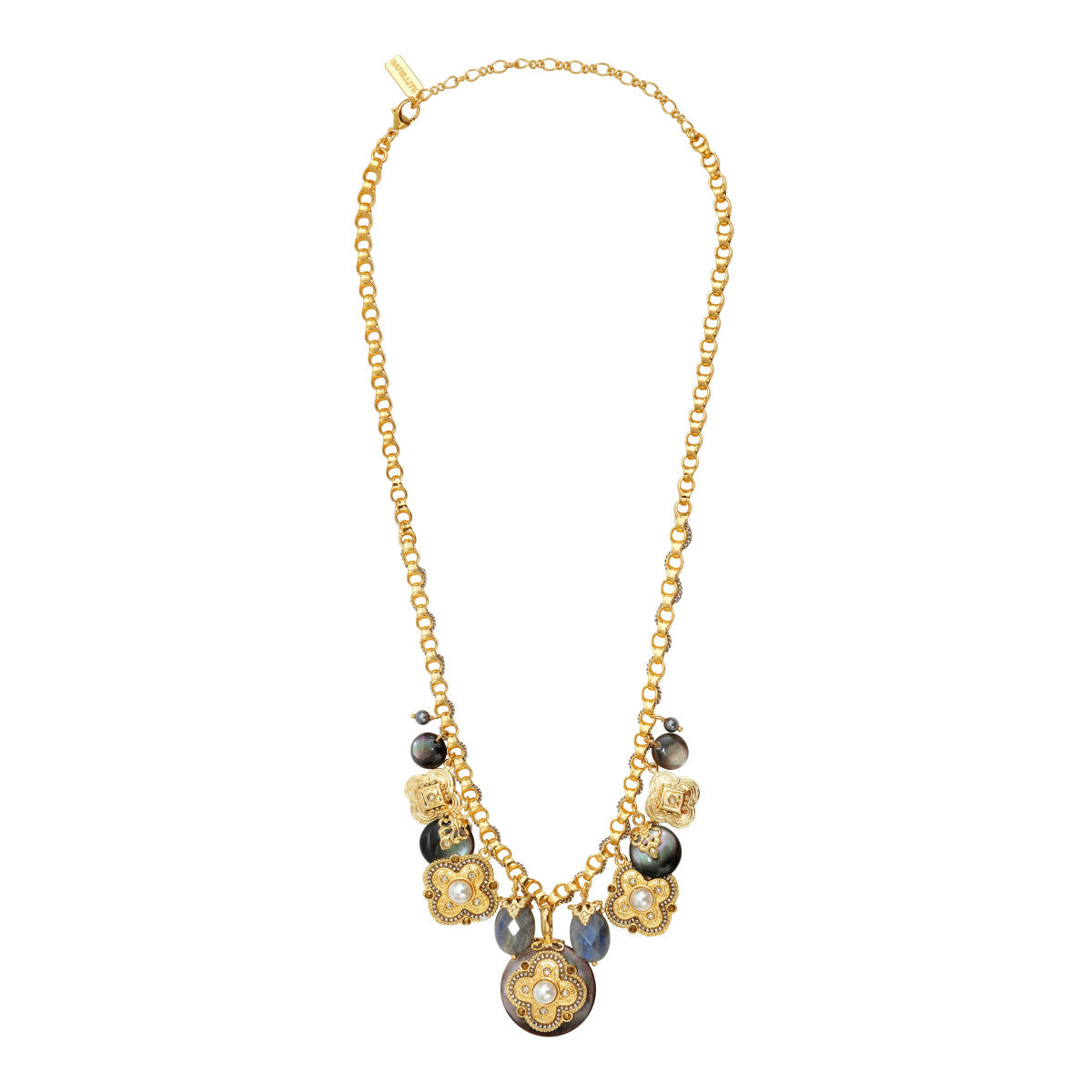 Collier chaîne Positano médailles charm's en nacre grise et labradorite - gris Nacre grise