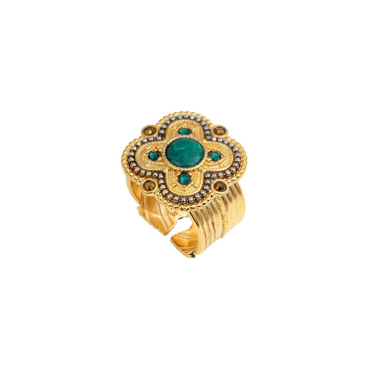 Bague ajustable Positano cabochon façon malachite et cristaux - vert Vert
