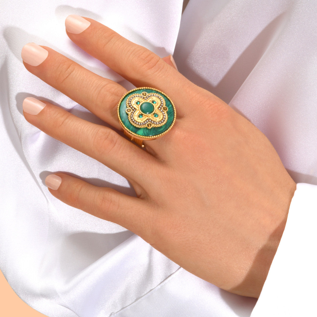 Bague large ajustable Positano en pierre effet malachite - vert Vert