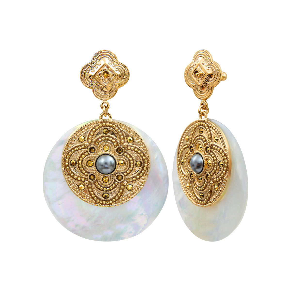 Boucles d'oreilles Positano nacre cristaux et cabochon nacré - blanc Nacre blanche