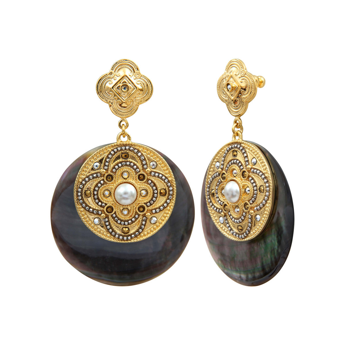 Boucles d'oreilles Positano nacre cristaux et cabochon nacré - gris Nacre grise