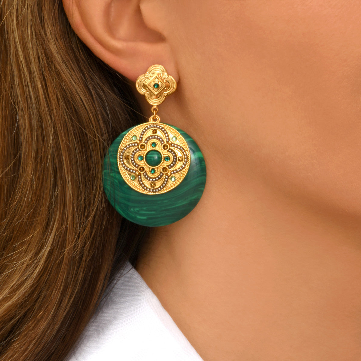 Boucles Positano cristaux et pierre façon malachite - vert Vert