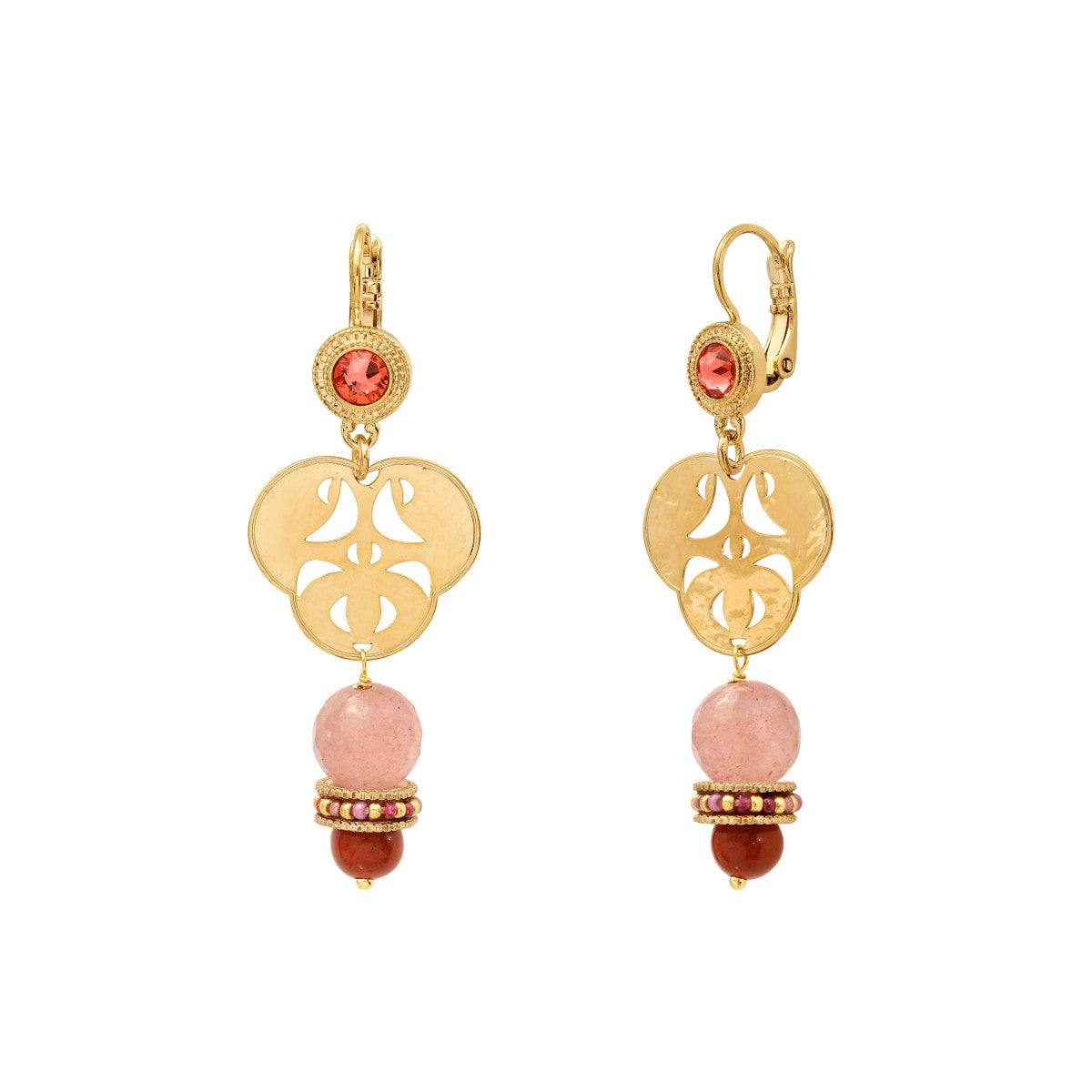 Boucles d'oreilles dormeuses Tiki métal doré ciselé et pierres gemmes - rose Rose