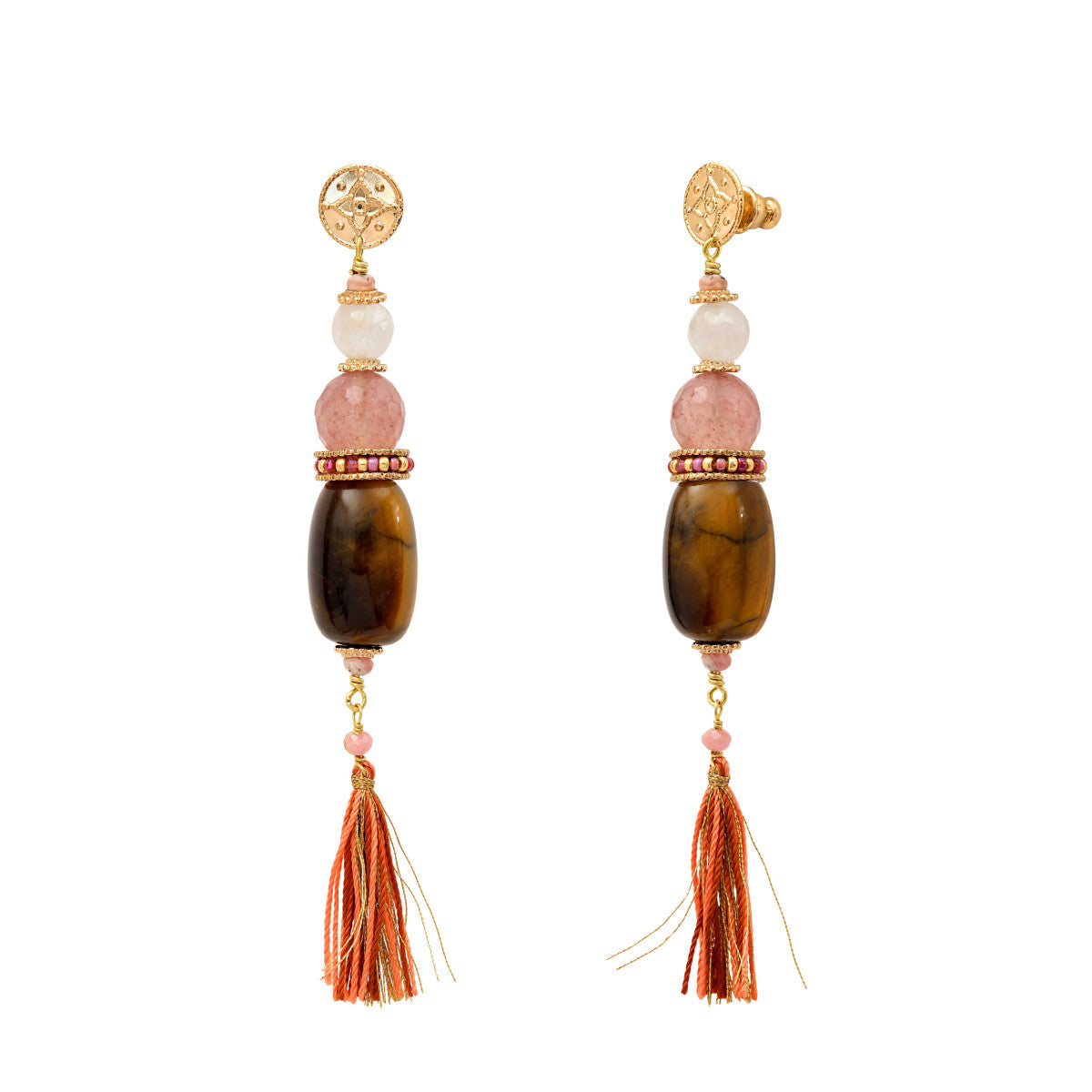 Boucles d'oreilles Tiki perles gemmes et fils de soie - rose Rose