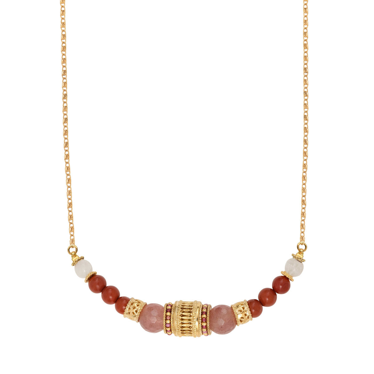 Collier court Tiki perles gemmes et filigrane - rose Rose