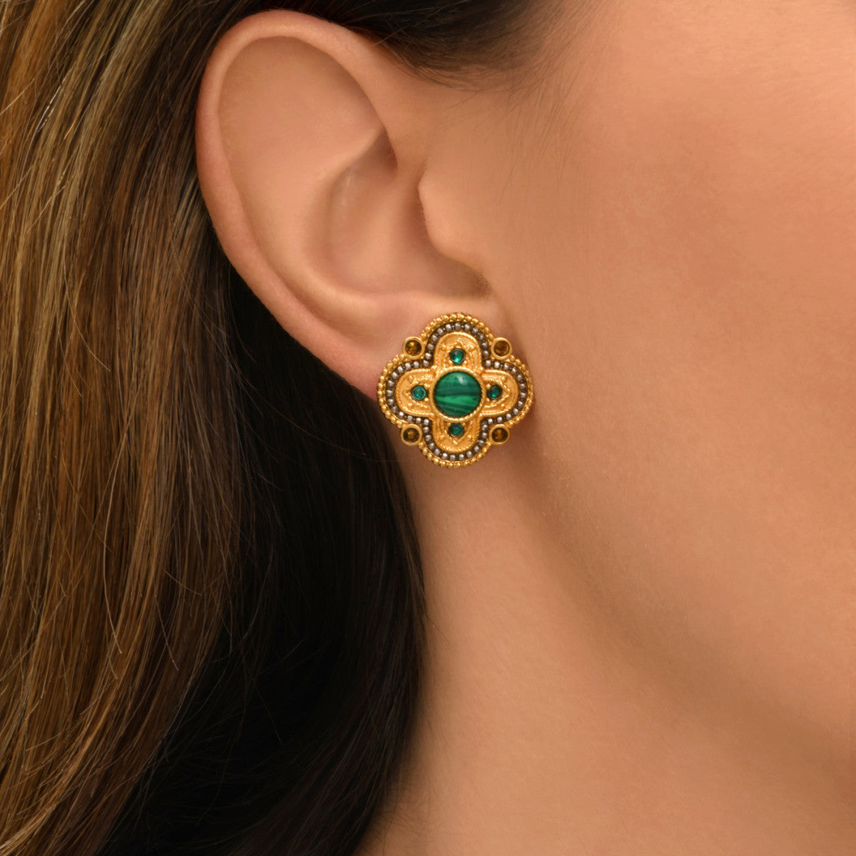 Boucles d'oreilles clips Positano cabochon pierre effet malachite - vert Vert