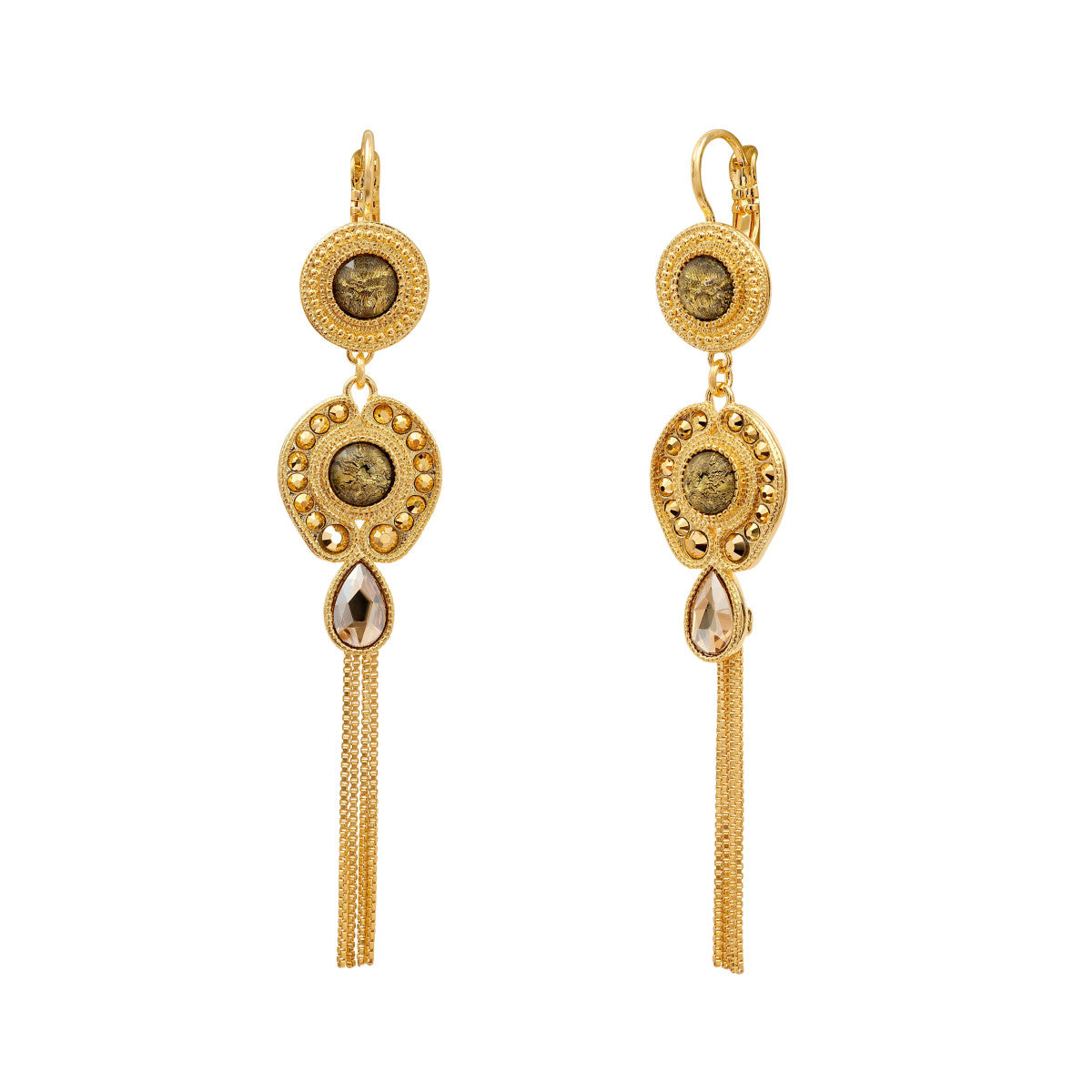 Boucles d'oreilles dormeuses longues Circus chaînettes et cristaux - doré Dore
