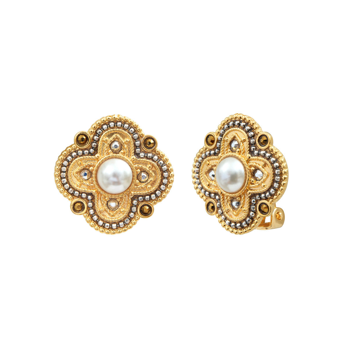 Boucles d'oreilles clips Positano cabochon nacré et cristaux - blanc Nacre grise