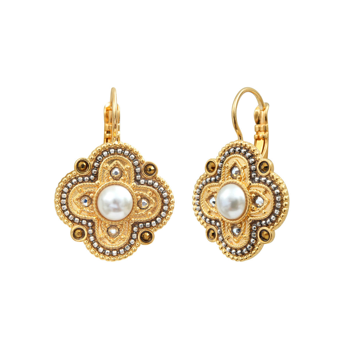 Boucles d'oreilles dormeuses Positano cabochon nacré et cristaux - blanc Nacre grise