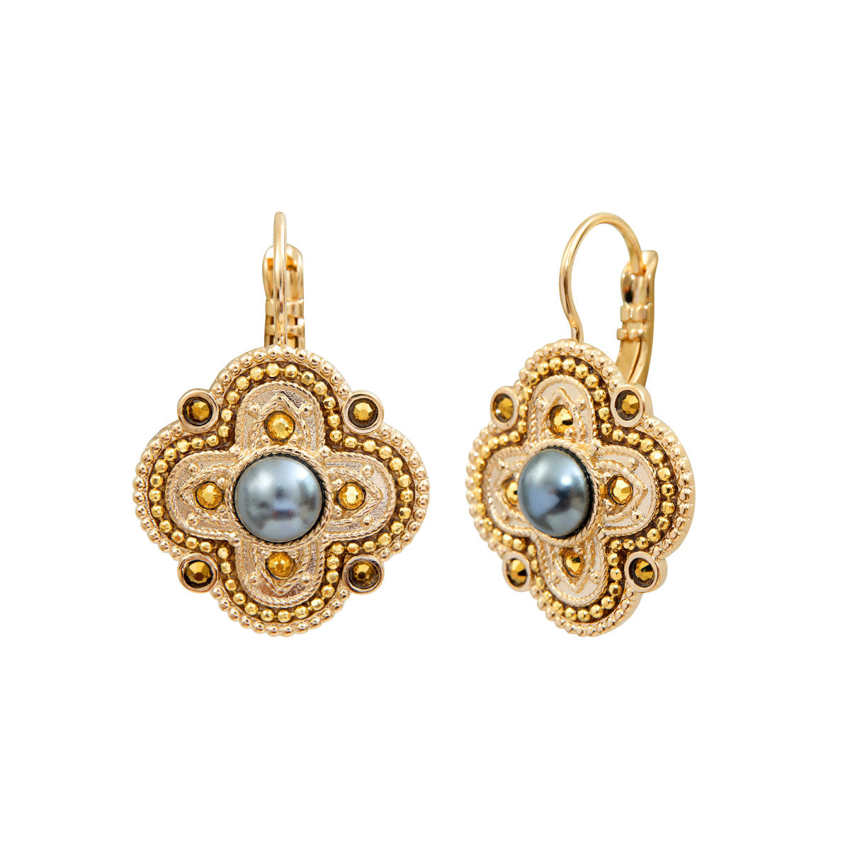 Boucles d'oreilles dormeuses Positano cabochon nacré et cristaux - gris Nacre blanche