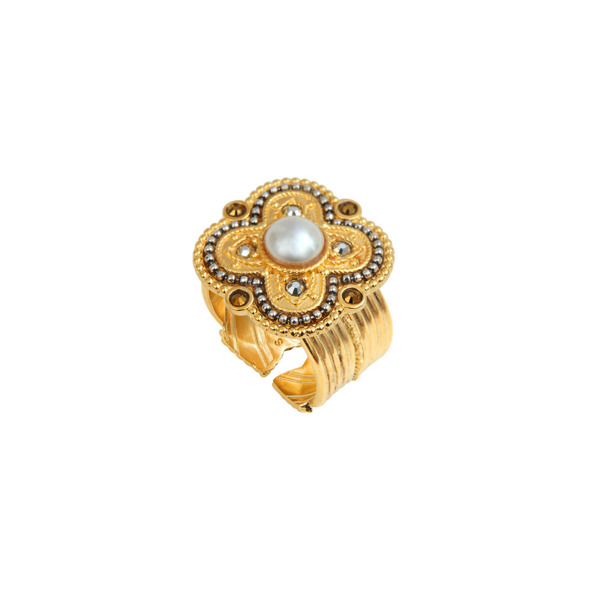 Bague ajustable Positano cabochon nacré et cristaux - blanc Nacre grise