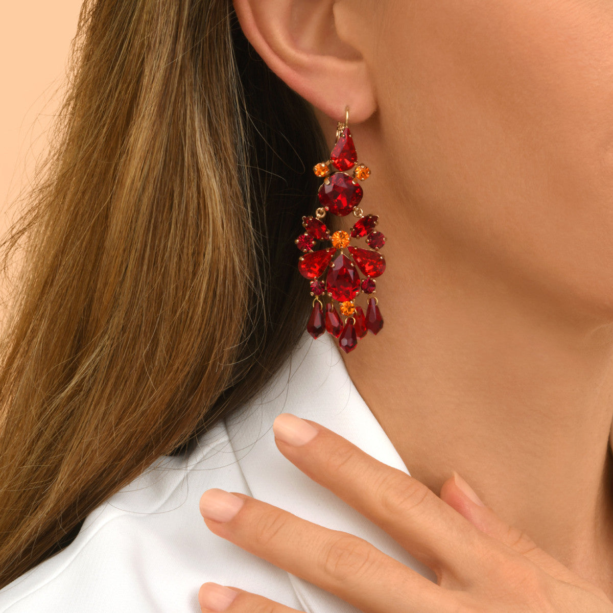 Boucles d'oreilles dormeuses longues cristaux  - rouge Multi rouge