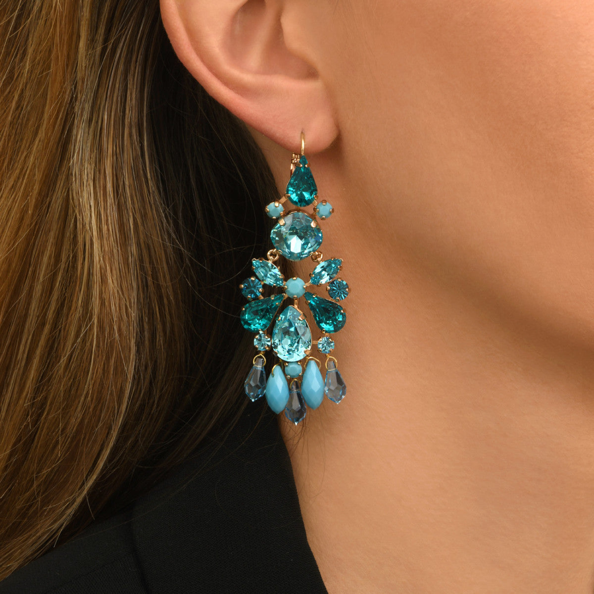 Boucles d'oreilles dormeuses longues cristaux  - turquoise Multi turquoise