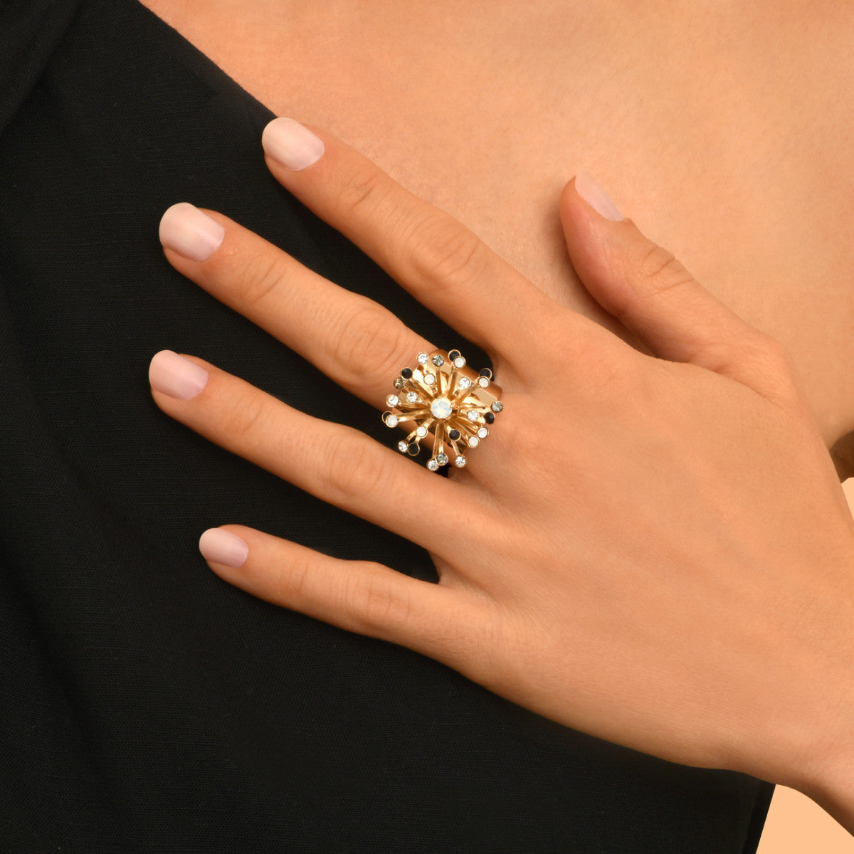 Bague large solaire cristaux taille M - noir et blanc Noir blanc