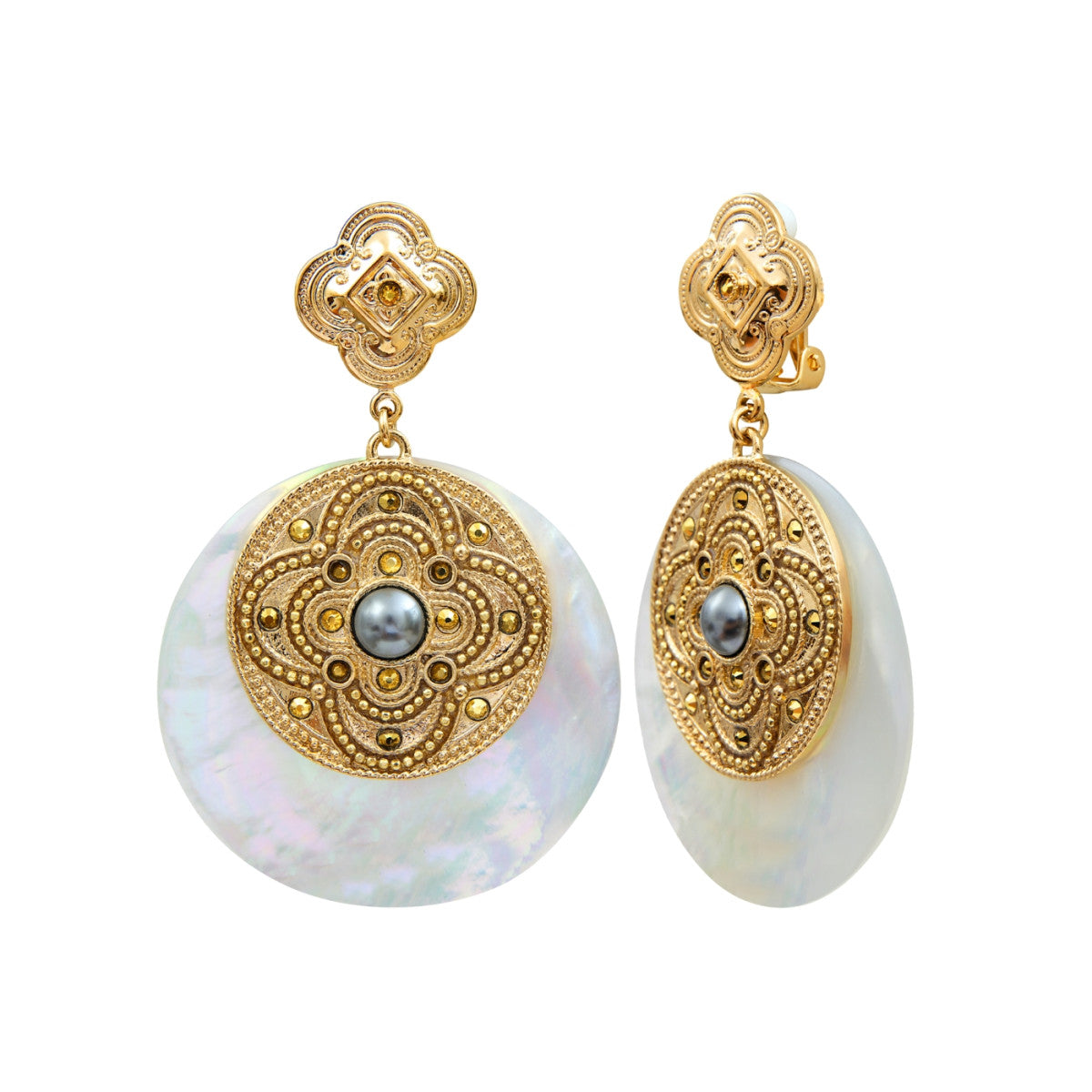 Boucles d'oreilles clips Positano nacre cristaux et cabochon nacré - blanc Nacre blanche