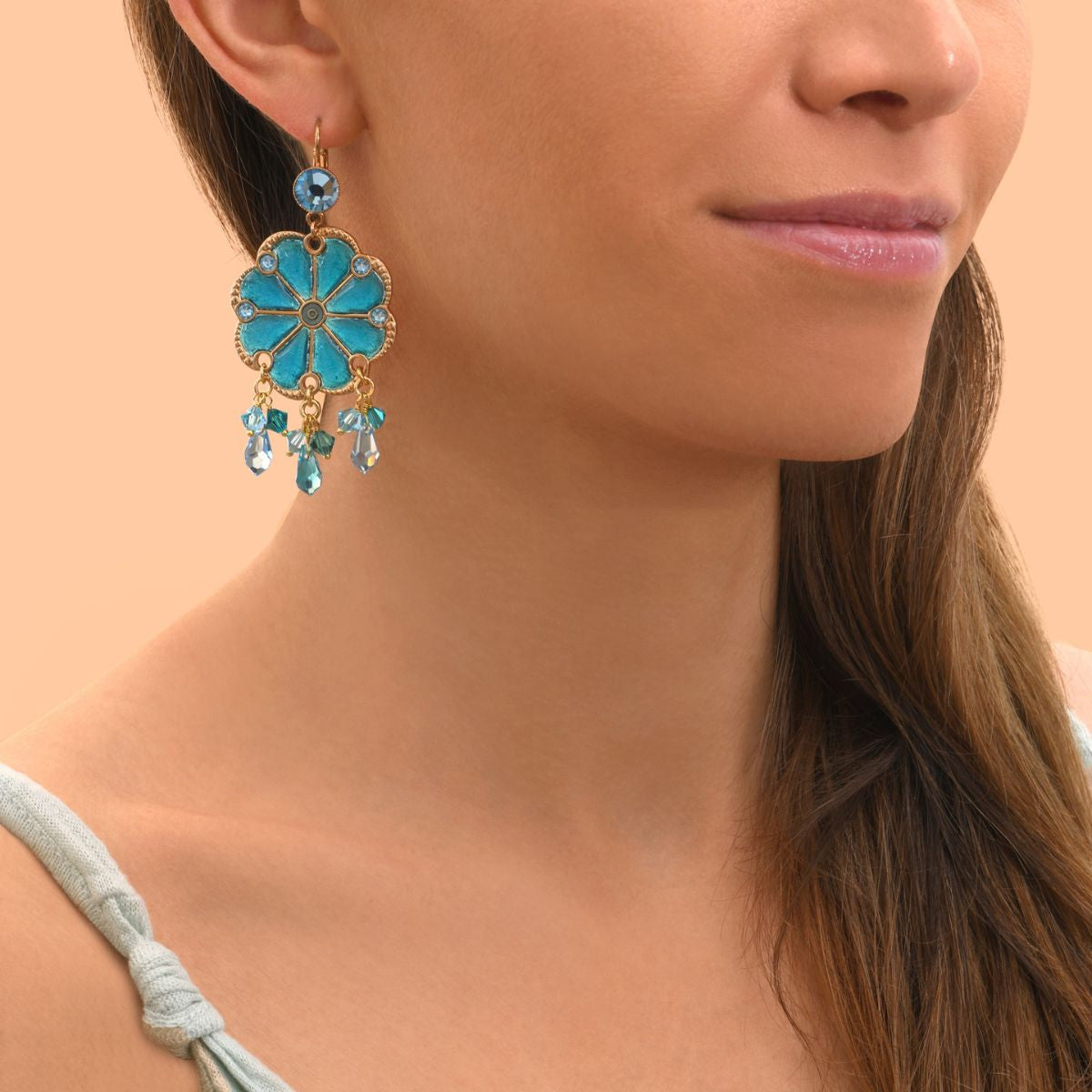 Boucles d'oreilles dormeuses feuilles d'argent cristaux Prestige - turquoise Turquoise