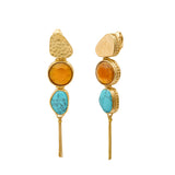 Boucles d'oreilles longues à clips Noto cabochons et pompon doré - bleu Turquoise