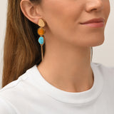 Boucles d'oreilles longues à clips Noto cabochons et pompon doré - bleu Turquoise