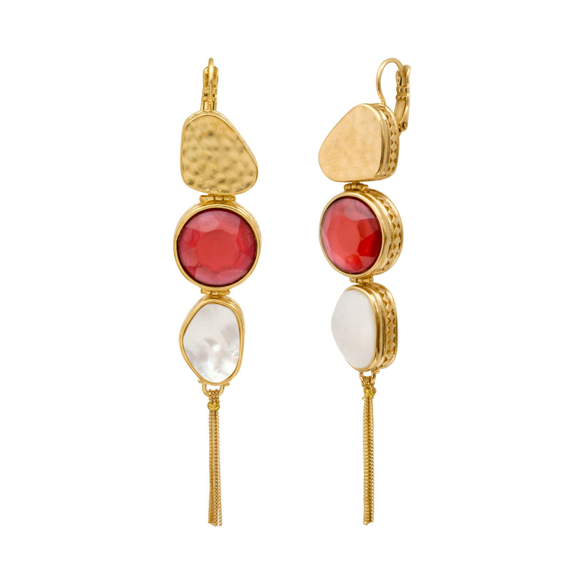 Boucles d'oreilles longues dormeuses Noto cabochons et pompon doré - blanc Nacre